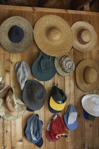 Collection of hats on coat hooks