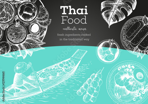 Asian food background. Asian food poster. Thai food menu restaurant. Thai food sketch menu. Vector illustration