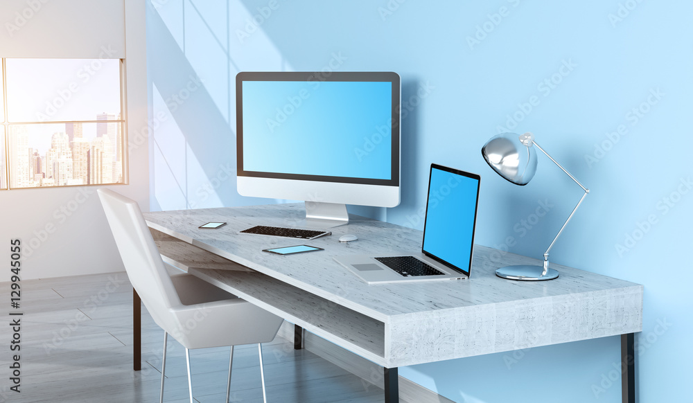 Modern blue desktop interior with devices 3D rendering Modern blue desktop interior with devices 3D rendering