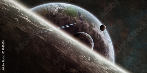 Fototapeta Naklejka Na Ścianę i Meble -  Sunrise over distant planet system in space 3D rendering element