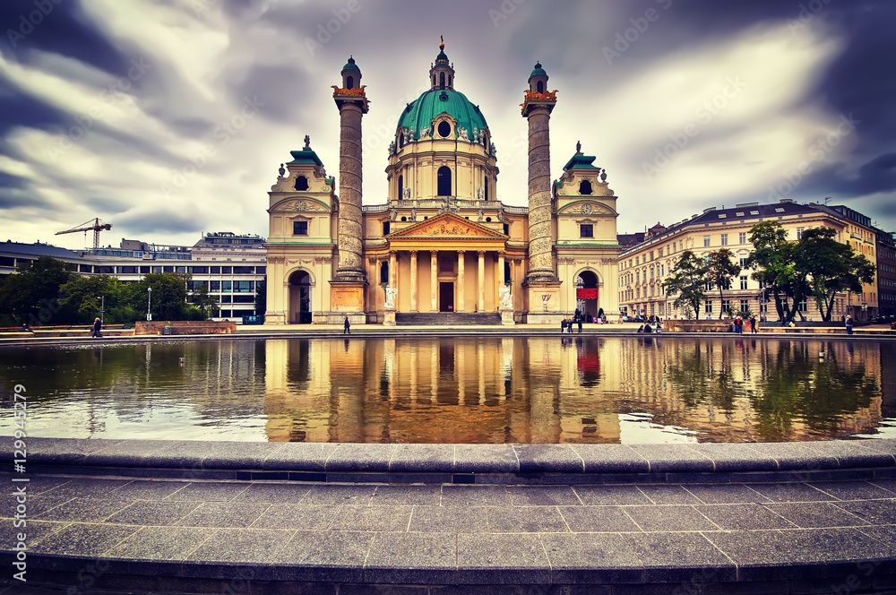 Panorama Charles's Church, Karlskirche in Vienna, Austria.