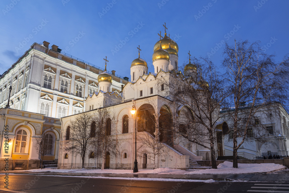 Annunciation Cathedral of the Moscow Kremlin in winter evening, Russia