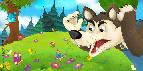 Cartoon scene with wolf on the meadow - illustration for the children