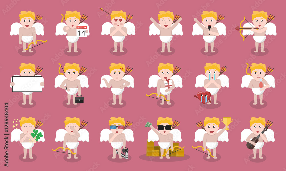 Big collection of vector cartoon Cupid character in various poses and emotions. Concept of Happy Valentine's Day. Big collection of vector cartoon Cupid character in various poses and emotions. Concept of Happy Valentine's Day.