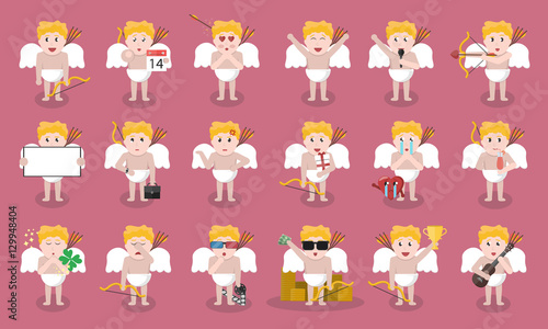 Big collection of vector cartoon Cupid character in various poses and emotions. Concept of Happy Valentine's Day.