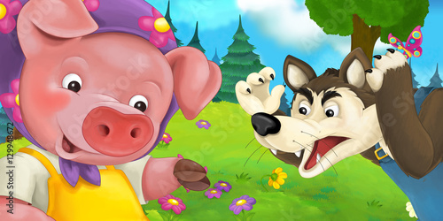 Fototapeta Cartoon scene with mother pig and wolf - illustration for the children