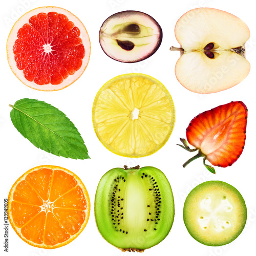 Fototapeta Naklejka Na Ścianę i Meble -  Collection of fresh fruit slices on white background. Tangerines, mint, grapefruit, kiwi, lemon, grape, pineapple guava, strawberry, apple.