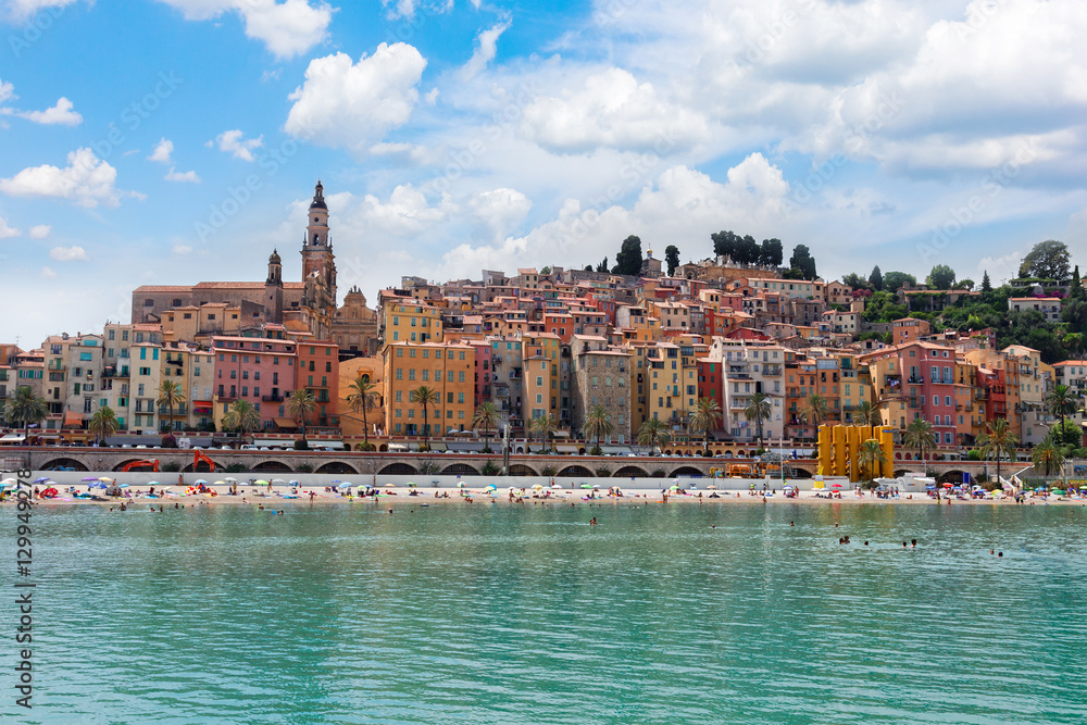colorful houses of Menton old town hill waterfront, France