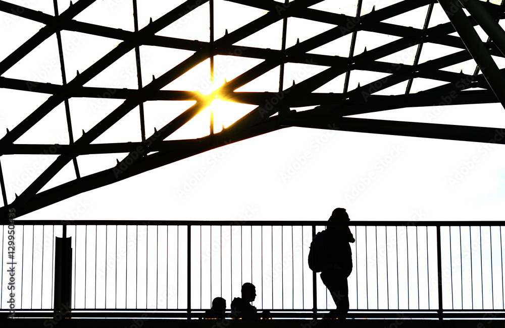 Silhouette of a young woman while walking in a city of the future. Silhouette of a young woman while walking in a city of the future.