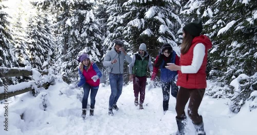 Group Of People Winter Snow Forest Walk Happy Friends Having Fun Play Snowballs In Snowy Park Slow Motion 60