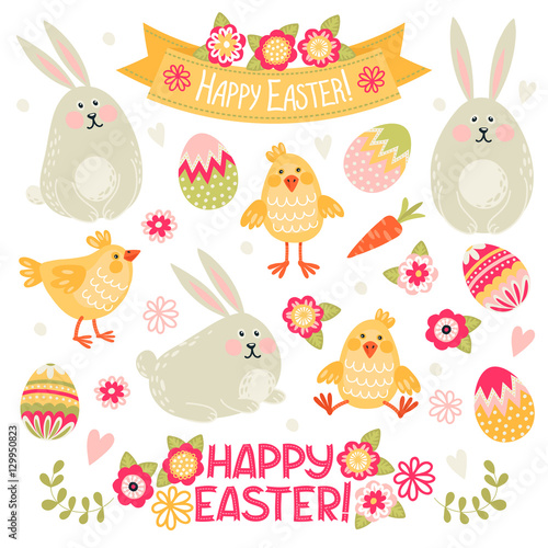 Set of illustrations with rabbits, chickens and eggs. Happy Easter!