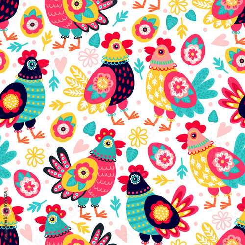 Seamless pattern with chickens and eggs