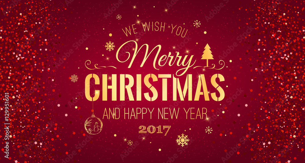 Christmas and New Year typographical on red background with Gold glitter texture. Vector illustration for golden shimmer background. Xmas card. Vector Illustration Christmas and New Year typographical on red background with Gold glitter texture. Vector illustration for golden shimmer background. Xmas card. Vector Illustration