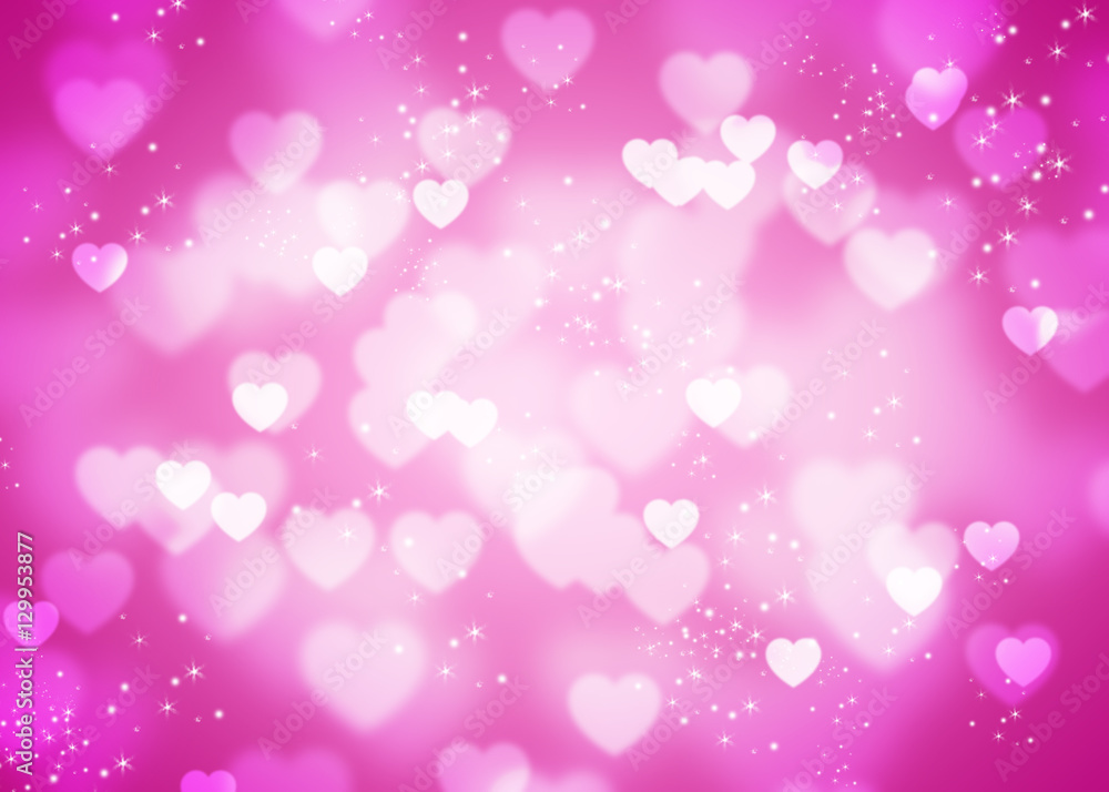 White heart bokeh and sparkle trail on pink background