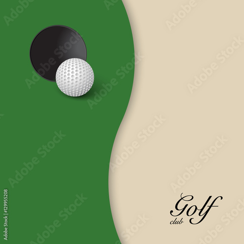 Hole and golf ball on background of green grass with white area. 