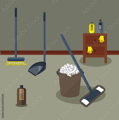 Tools for housekeeping: a brown bucket with soapy foam, MOP with dark blue handle and cloth and bottle of detergent with cover. Brown bedside table. Brush and dustpan. Vector illustration 