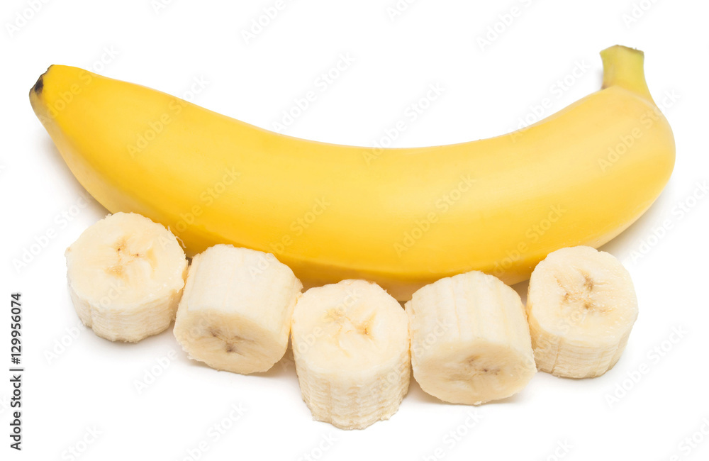 Bananas and slices isolated on a white background. Flat lay, top Bananas and slices isolated on a white background. Flat lay, top