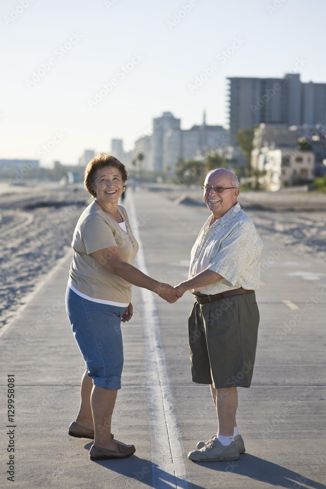 Fototapeta premium Happy senior Caucasian couple holding hands on promenade