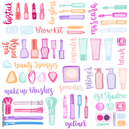 Colorful makeup cosmetic pattern with lettering.