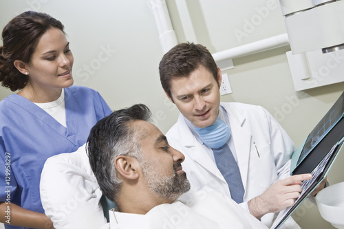 Male dentist with nurse explaining x-ray report to patient in clinic