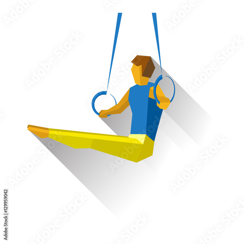 Artistic Gymnastics - Rings. Gymnast isolated on white background with shadows. International sport games infographic. Flat style vector clip art.