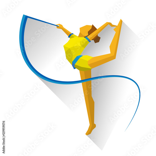 Rhythmic Gymnastics with Ribbon. Girl gymnast isolated on white background with shadows. International sport games infographic. Flat style vector clip art.