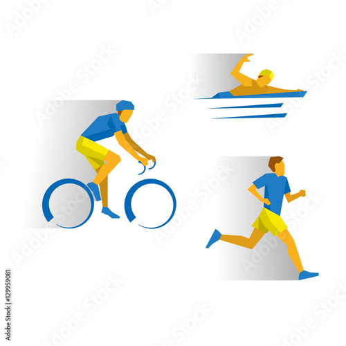 Triathlon - cycling, marathon, swimming. Athletes isolated on white background with shadows. Track-and-field athletics infographic. Simple flat style vector clip art.