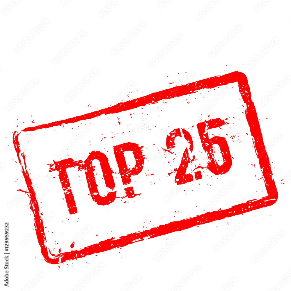 Top 25 red rubber stamp isolated on white background. Grunge rectangular seal with text, ink texture and splatter and blots, vector illustration. Top 25 red rubber stamp isolated on white background. Grunge rectangular seal with text, ink texture and splatter and blots, vector illustration.