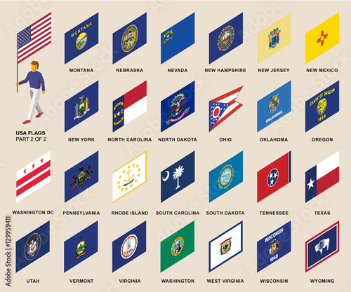 Isometric 3d USA standard bearer. With set of states flags from Montana to Wyoming (Washington DC included). Each flag can be placed at flagpole. United states political division infographics. 