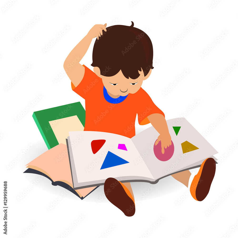 Cute Boy read. Back to School isolated cartoon character with books. Illustration for a school books and more.