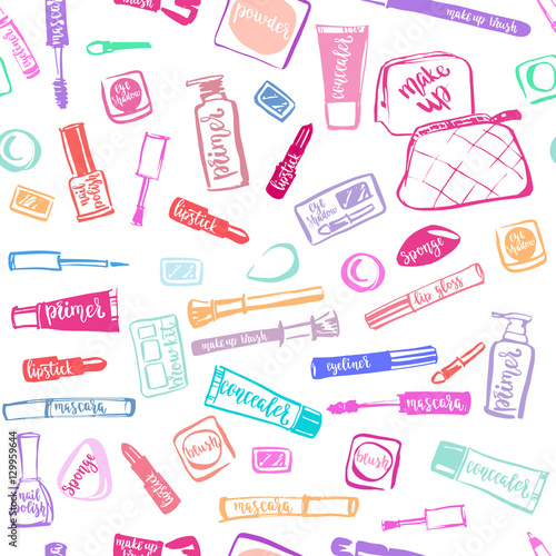 Colorful makeup cosmetic pattern with lettering. © taash