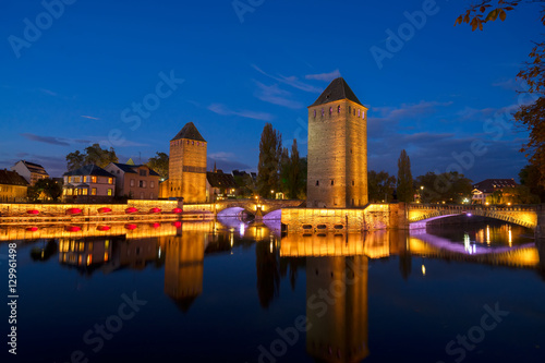 bridge Ponts Couverts of Strasbourg at night, France
