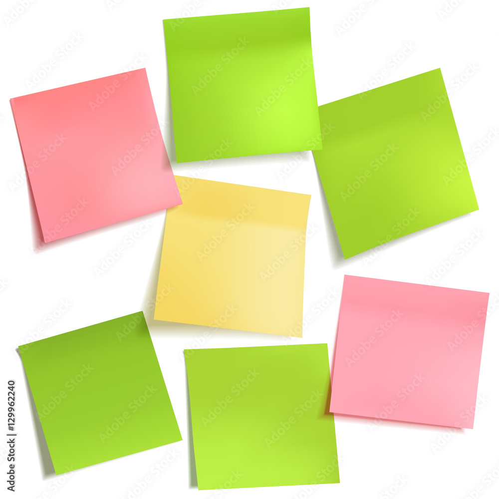 Set of different empty colorful sticky note papers, ready for your message.