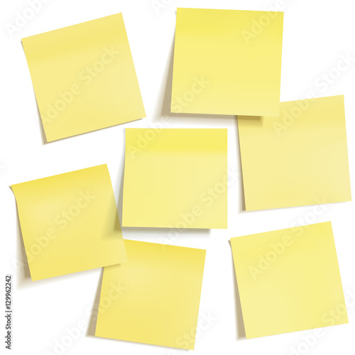 Set of different yellow sticky note papers, ready for your message.