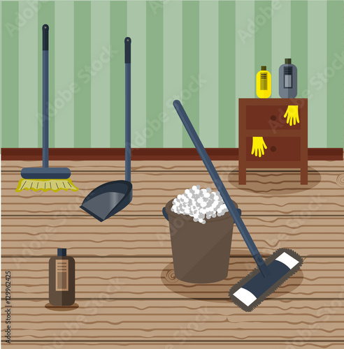 Tools for housekeeping: a brown bucket with soapy foam, MOP with dark blue handle and cloth and bottle of detergent with cover. Brown bedside table. Brush and dustpan. Vector illustration 