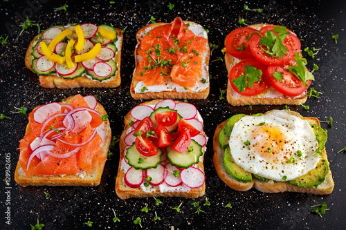 Variety of vegetarian toast sandwiches with salmon, raddish, tomatoes, cucumber, avocado,fried egg and sweet pepper
