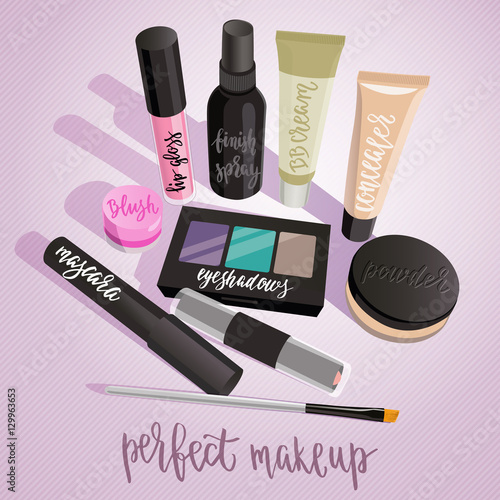 Makeup set. Powder, eyeshadows, lip gloss, mascara, concealer, blush, strobing palette, brush, handwritten lettering.