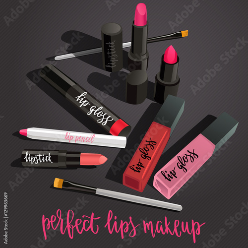 Cosmetics nude makeup set. Powder, contour kit, concealer, blush, strobing palette, brushes, handwritten lettering.