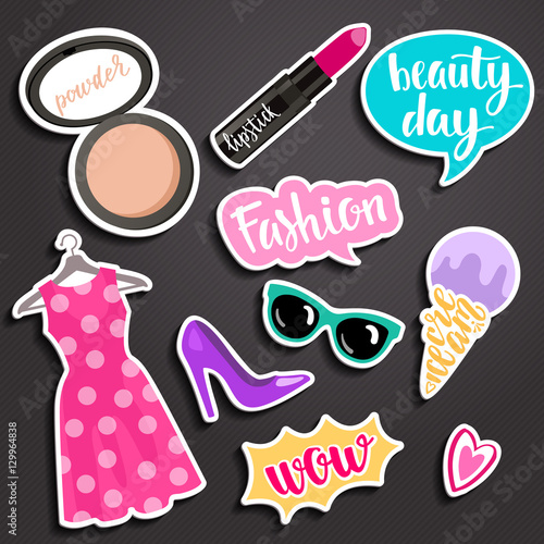 Fashion elements in patch style. Hearts, lipstick, dress, ice cream, sunglasses, speech bubbles and other elements.