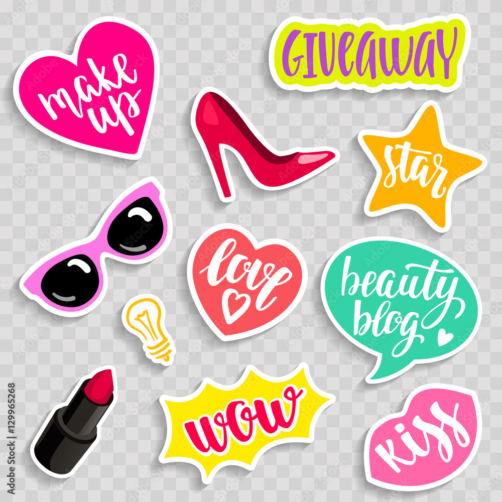 Fashion elements in patch style. Handwritten lettering and decoratuve elements. Fashion elements in patch style. Handwritten lettering and decoratuve elements.