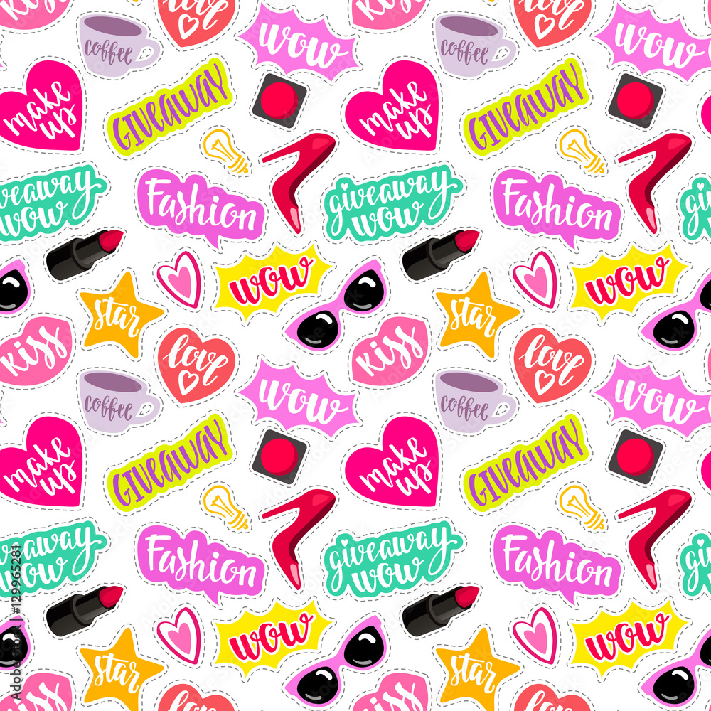 Seamless pattern fashion elements in patch style. Seamless pattern fashion elements in patch style.