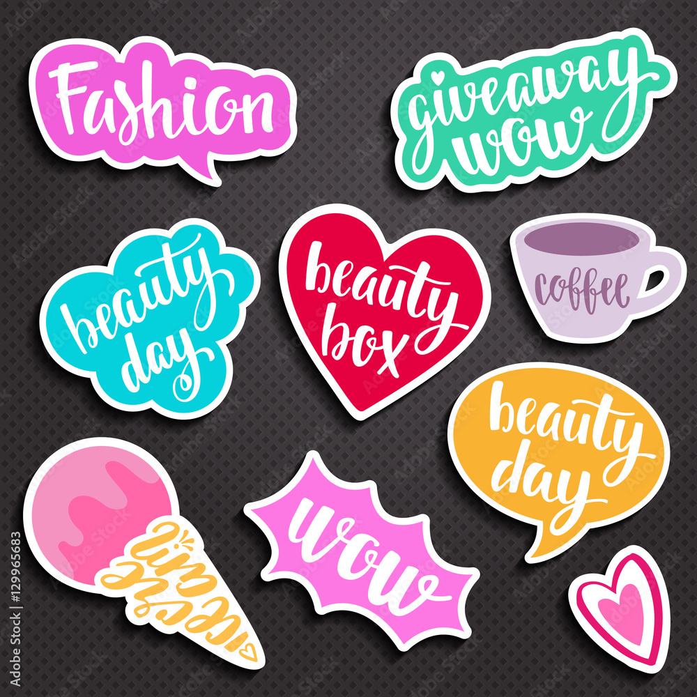 Fashion elements in patch style. Handwritten lettering and decoratuve elements. Fashion elements in patch style. Handwritten lettering and decoratuve elements.