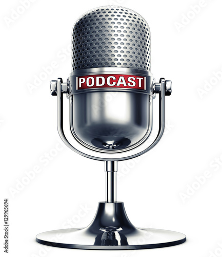 3D rendering of a microphone with a podcast icon