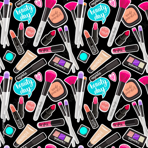 Seamless pattern fashion makeup items patch badges with speech bubbles.