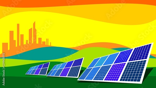 picture of solar batteries in a desert with mountains and big city silhouette on background, flat style concept of renewable solar energy