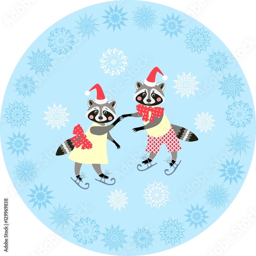 Decorative plate with cute raccoons on the ice skating. © Happy Dragon