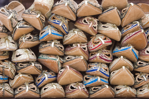Dubai UAE Sandals made from camel skins are for sale in the Bur Dubai souq. © moodboard