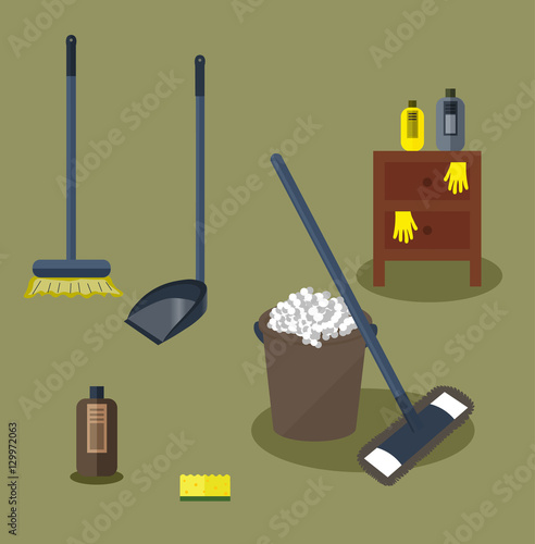Tools for housekeeping: a brown bucket with soapy foam, MOP with dark blue handle and cloth and bottle of detergent with cover. Brown bedside table. Brush and dustpan. Vector illustration 