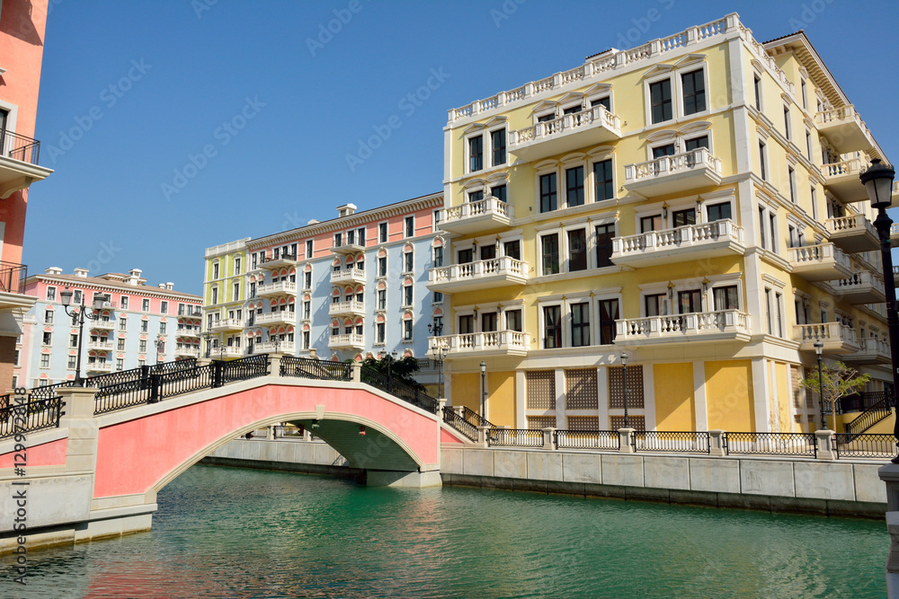 Canal view in Venice-like Qanat Quartier of the Pearl precinct of Doha, Qatar.