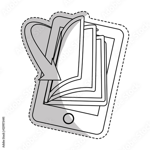 Sticker of smartphone device with ebook icon over white background. electronic book design. vector illustration